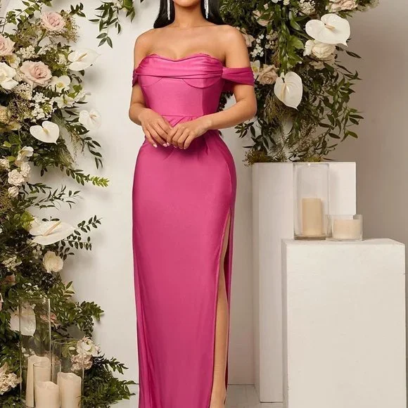 Pink Preppy Womens Off Shoulder Ruched Split Thigh Bridesmaid maxi Dress - Picture 5 of 5